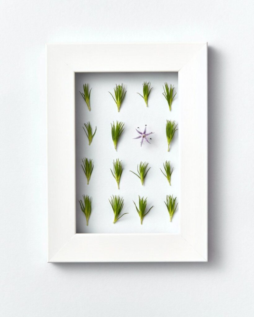 Plant frame with green pine needles pattern on a light background. Greeting card